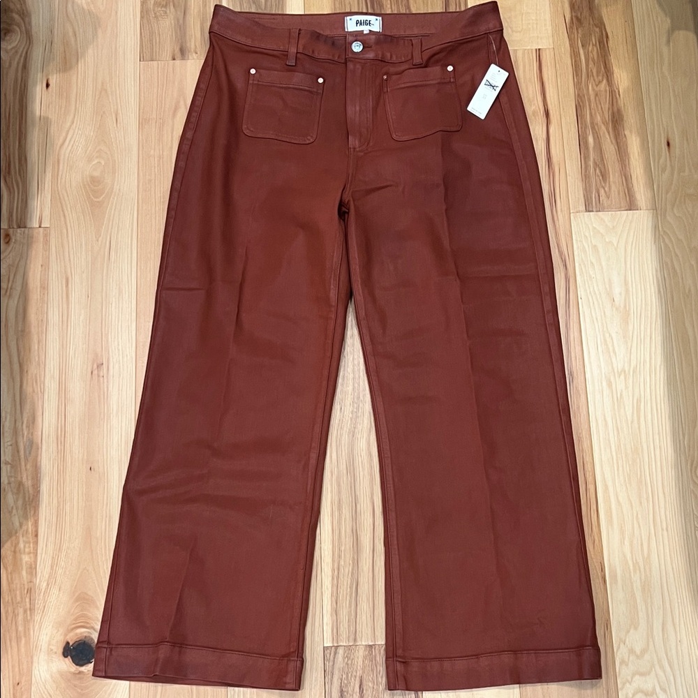 PAIGE Terracotta ‘Leenah’ Coated Wide-Leg Cropped Coated Jeans NWT